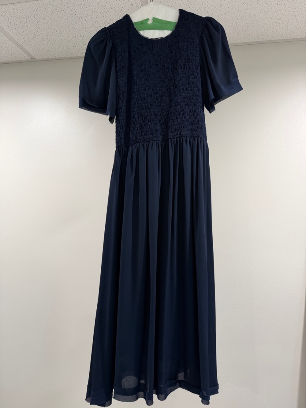 Kling Navy Smocked Bodice Puff Sleeve Maxi Dress